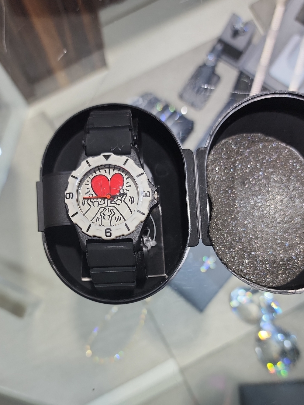 Keith Haring Black Silicone Strap Watch with Red Heart Dial